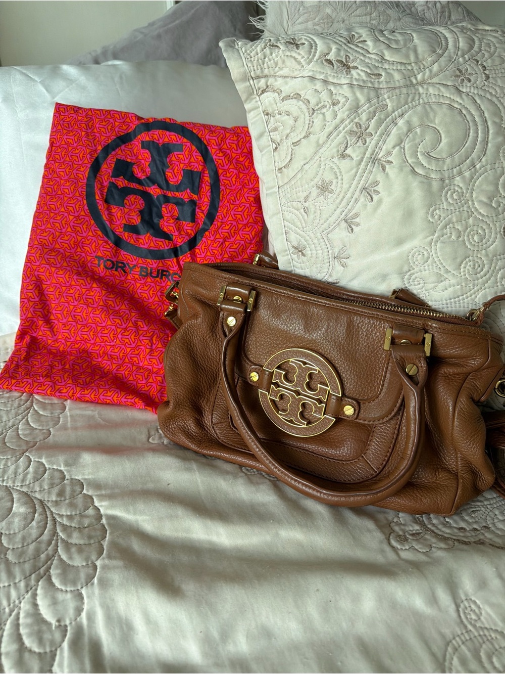 Tory Burch Amanda Satchel - Leather Chestnut Brown with Gold Logo